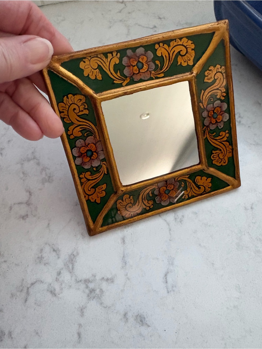 Vintage Peruvian Hand-Painted Floral Square Mirror in Green and Gold